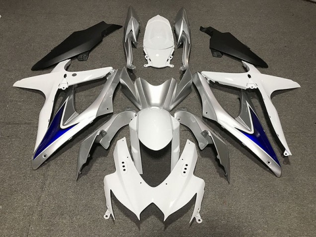 Blanco Brillante Con Fondo Negro Mate Plateado & Azul 08-10 Suzuki GSXR 600-750 Carenado Blanco Brillante Con Fondo Negro Mate Plateado & Azul 08-10 Suzuki GSXR 600-750 Carenado