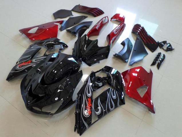 Carenados Moto Kawasaki ZX14R ZZR1400 2006-2011 - Rojo Negro Brillante Plata Llama